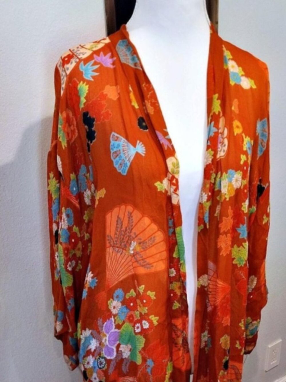 Vintage Sterling Styles Burnt Orange Fan & Floral Kimono Cardigan